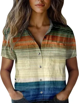 Vintage Boho Tops for Women Floral Print Gauze Shirt Casual Short Sleeve Button Up Blouses Ethnic Tshirts Tops