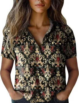 Vintage Boho Tops for Women Floral Print Gauze Shirt Casual Short Sleeve Button Up Blouses Ethnic Tshirts Tops