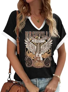 Vintage Rock Band T Shirt for Women Fashion Musical Tees Casual Sexy Notched V-Neck T Shirts Country Music Short Sleeve Tees