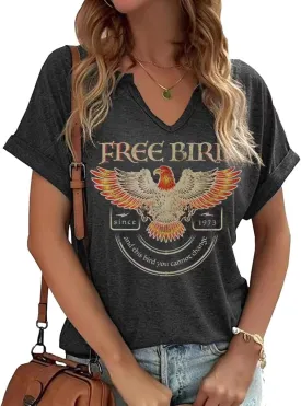 Vintage Rock Band T Shirt for Women Fashion Musical Tees Casual Sexy Notched V-Neck T Shirts Country Music Short Sleeve Tees