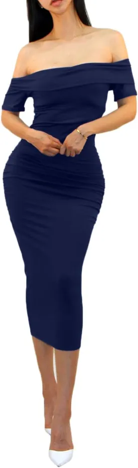 Vivicastle Women's USA Off Shoulder Ruffle Bodycon Fitted Midi Dress