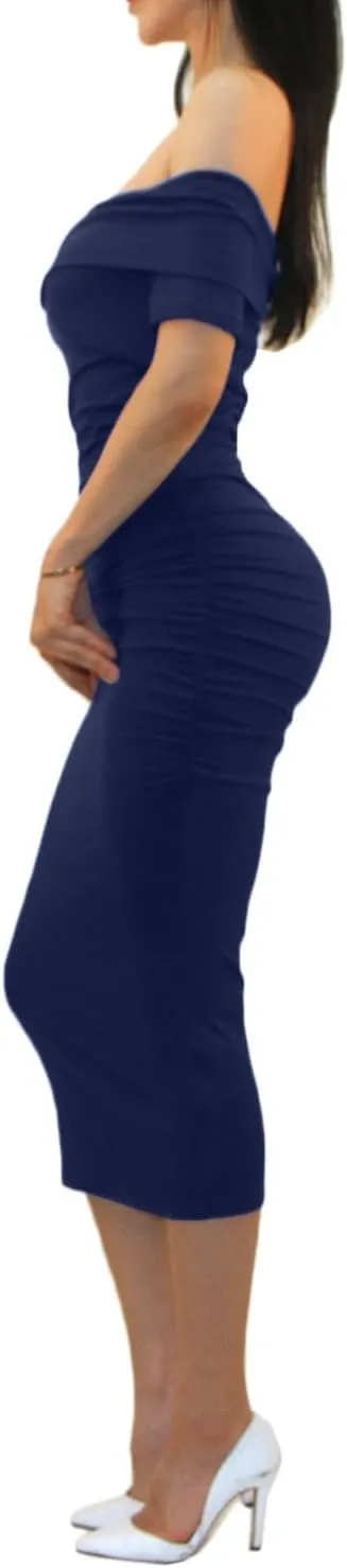Vivicastle Women's USA Off Shoulder Ruffle Bodycon Fitted Midi Dress