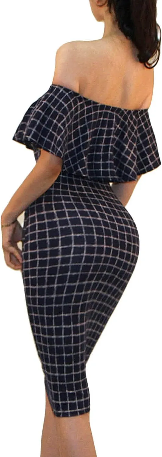 Vivicastle Women's USA Off Shoulder Ruffle Bodycon Fitted Midi Dress