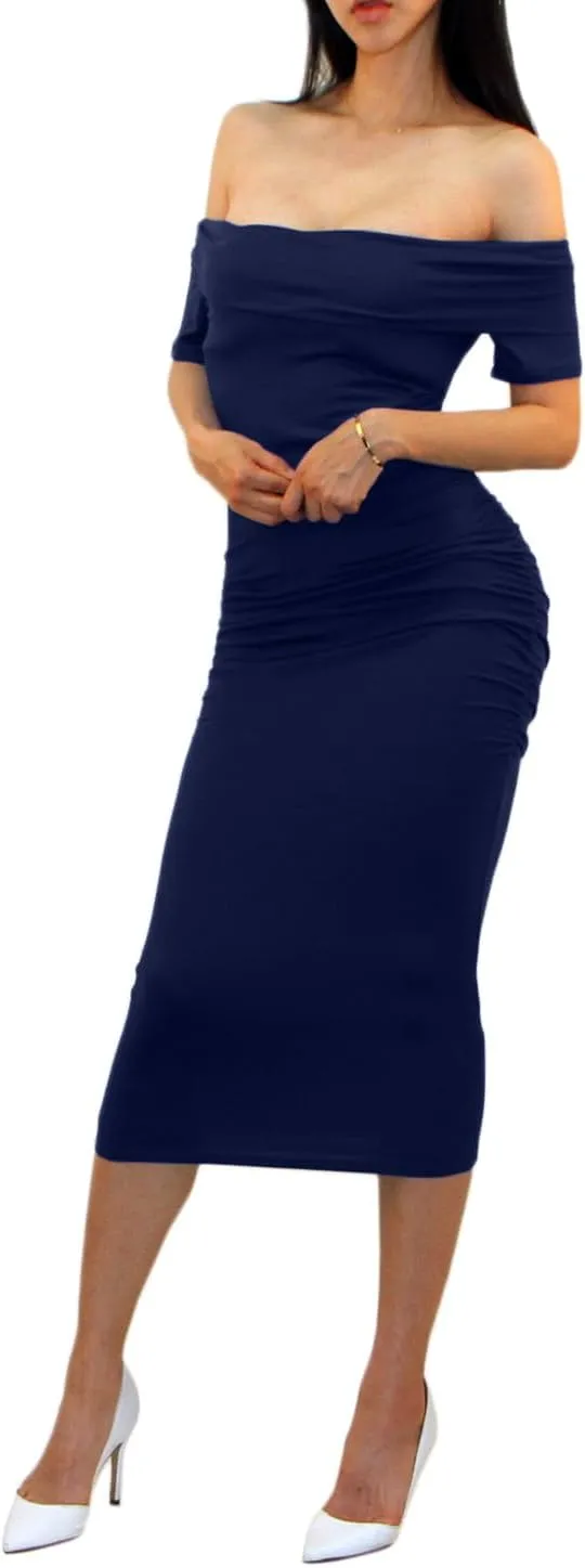 Vivicastle Women's USA Off Shoulder Ruffle Bodycon Fitted Midi Dress