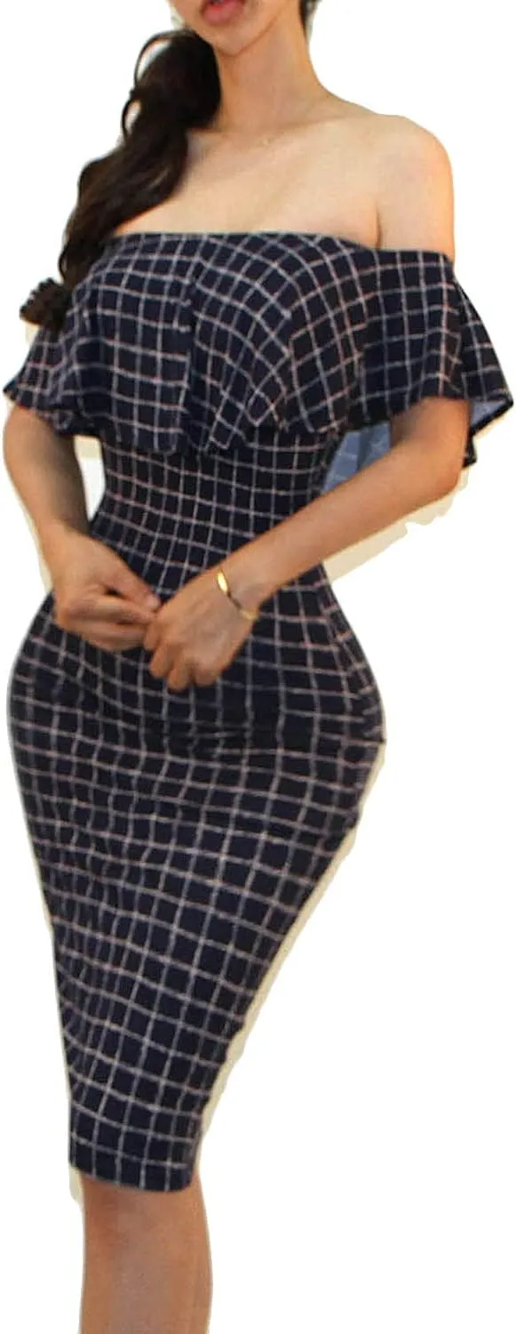 Vivicastle Women's USA Off Shoulder Ruffle Bodycon Fitted Midi Dress