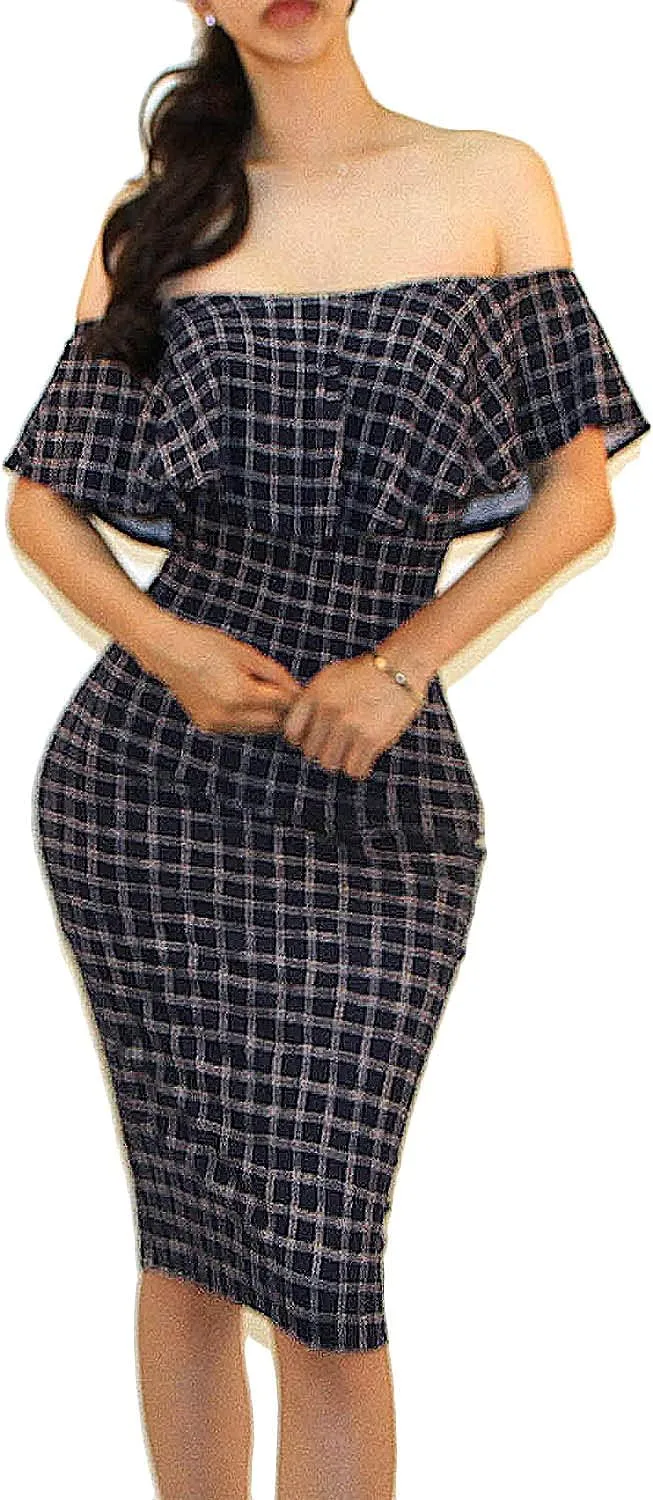 Vivicastle Women's USA Off Shoulder Ruffle Bodycon Fitted Midi Dress