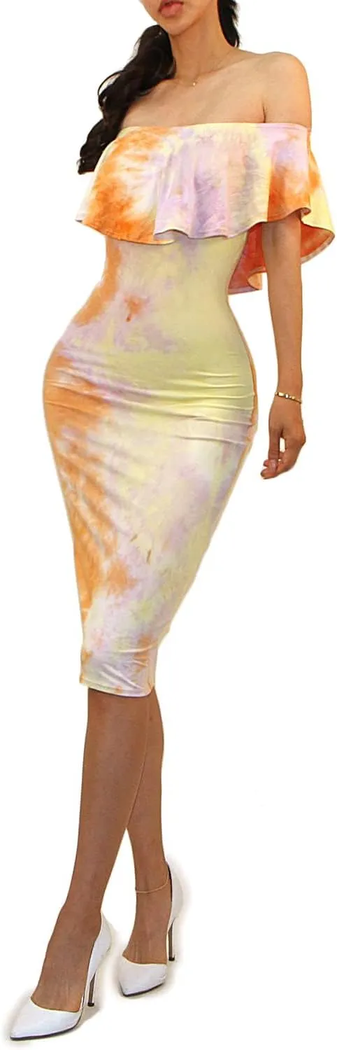 Vivicastle Women's USA Off Shoulder Ruffle Bodycon Fitted Midi Dress