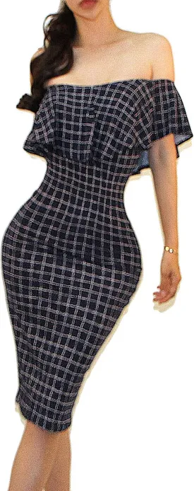 Vivicastle Women's USA Off Shoulder Ruffle Bodycon Fitted Midi Dress