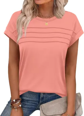 WEESO Womens Summer Tops Trendy 2025 Cap Sleeve T Shirts Crew Neck Pleated Front Clothes Fashion