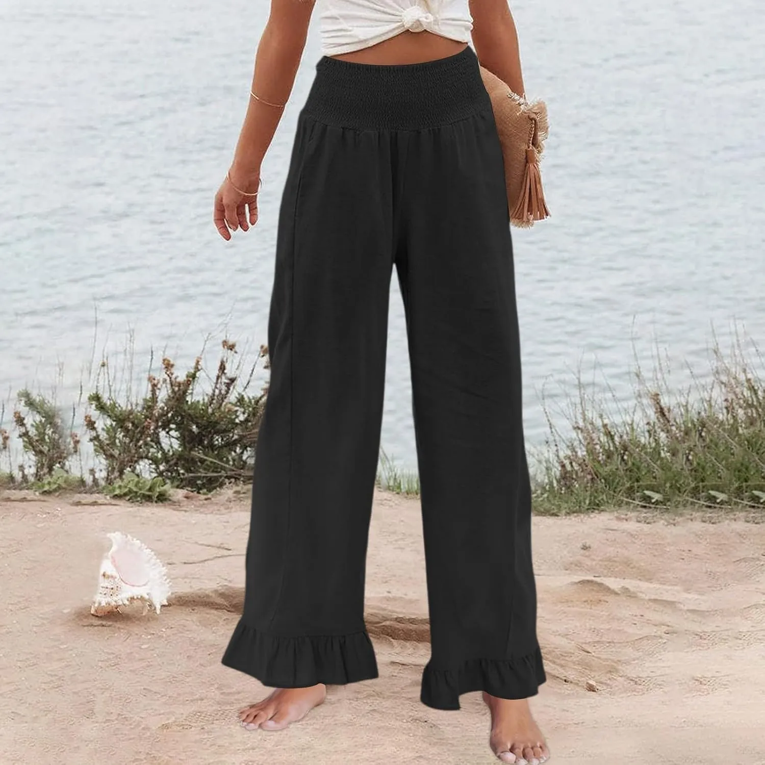 Wide Leg Linen Pants Women Smocked High Waisted Palazzo Pants Lightweight Baggy Boho Beach Lounge Trousers w/Pockets