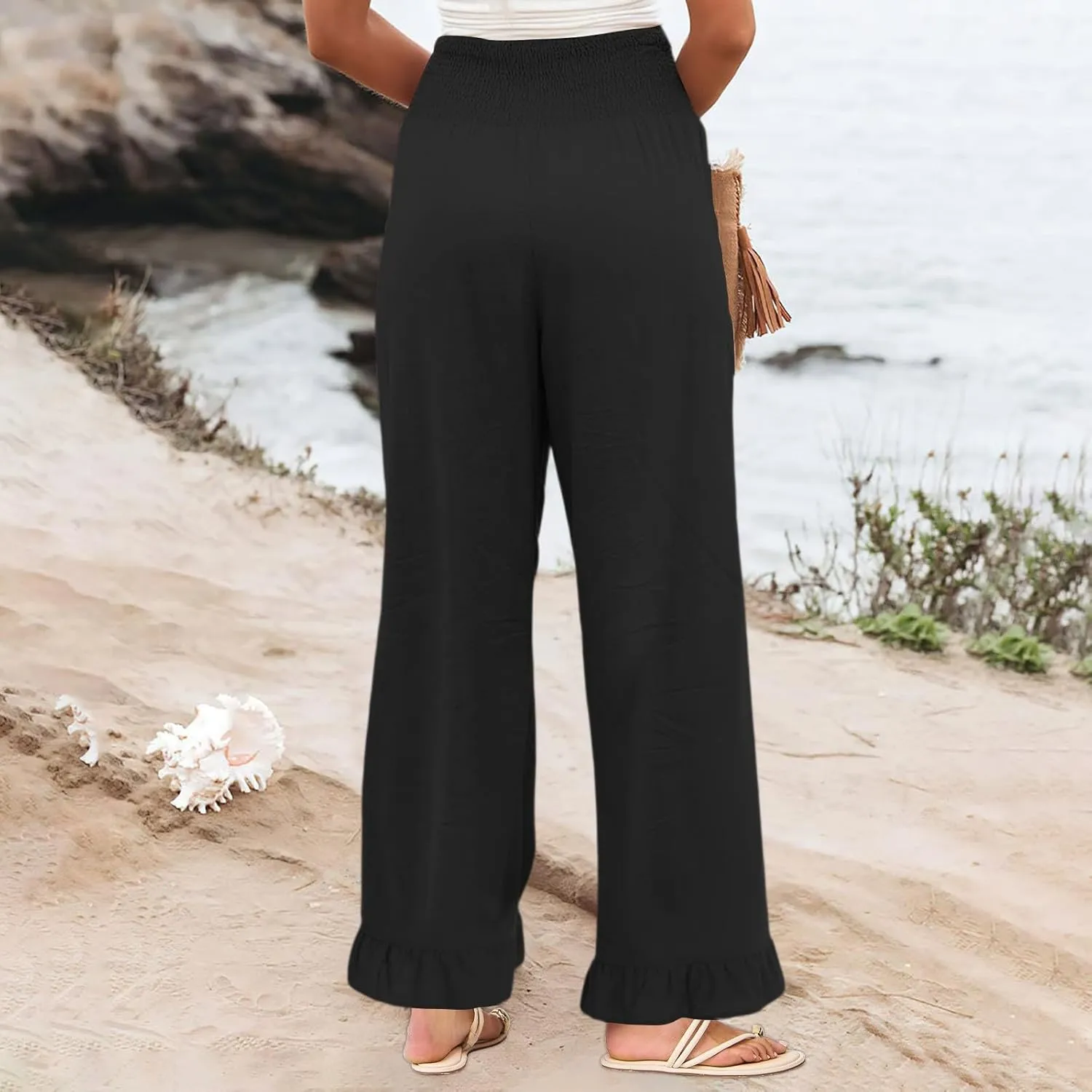 Wide Leg Linen Pants Women Smocked High Waisted Palazzo Pants Lightweight Baggy Boho Beach Lounge Trousers w/Pockets