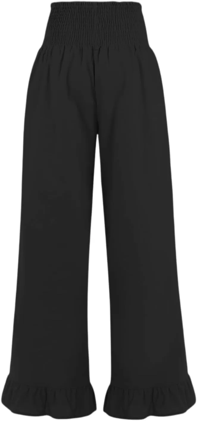 Wide Leg Linen Pants Women Smocked High Waisted Palazzo Pants Lightweight Baggy Boho Beach Lounge Trousers w/Pockets