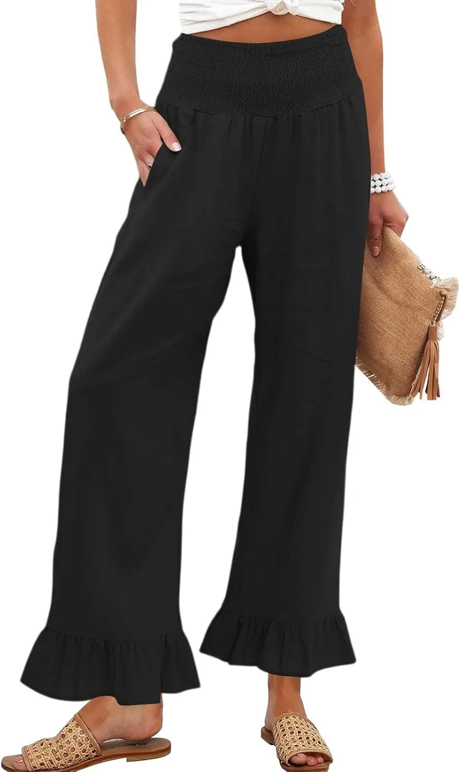 Wide Leg Linen Pants Women Smocked High Waisted Palazzo Pants Lightweight Baggy Boho Beach Lounge Trousers w/Pockets