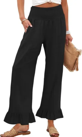 Wide Leg Linen Pants Women Smocked High Waisted Palazzo Pants Lightweight Baggy Boho Beach Lounge Trousers w/Pockets