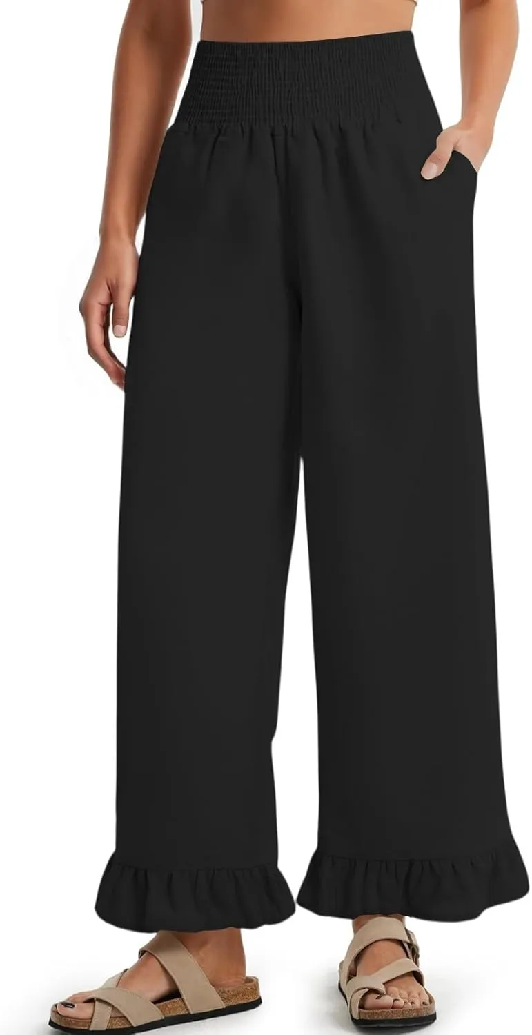 Wide Leg Linen Pants Women Smocked High Waisted Palazzo Pants Lightweight Baggy Boho Beach Lounge Trousers w/Pockets