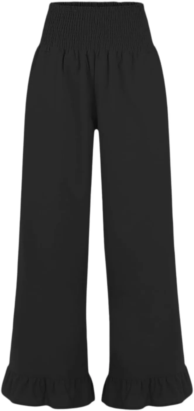 Wide Leg Linen Pants Women Smocked High Waisted Palazzo Pants Lightweight Baggy Boho Beach Lounge Trousers w/Pockets