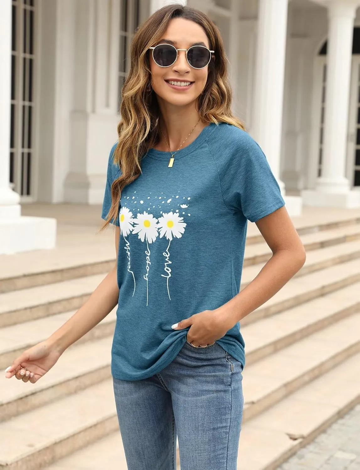 Women Crewneck Daisy Print Short Sleeve T-Shirts Summer Faith-Hope-Love Raglan Sleeve Tees Loose Fit Graphic Tops 2024