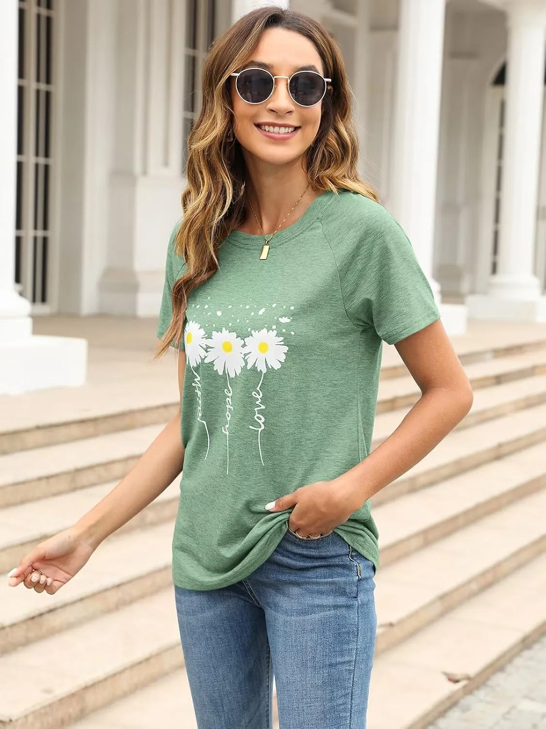 Women Crewneck Daisy Print Short Sleeve T-Shirts Summer Faith-Hope-Love Raglan Sleeve Tees Loose Fit Graphic Tops 2024