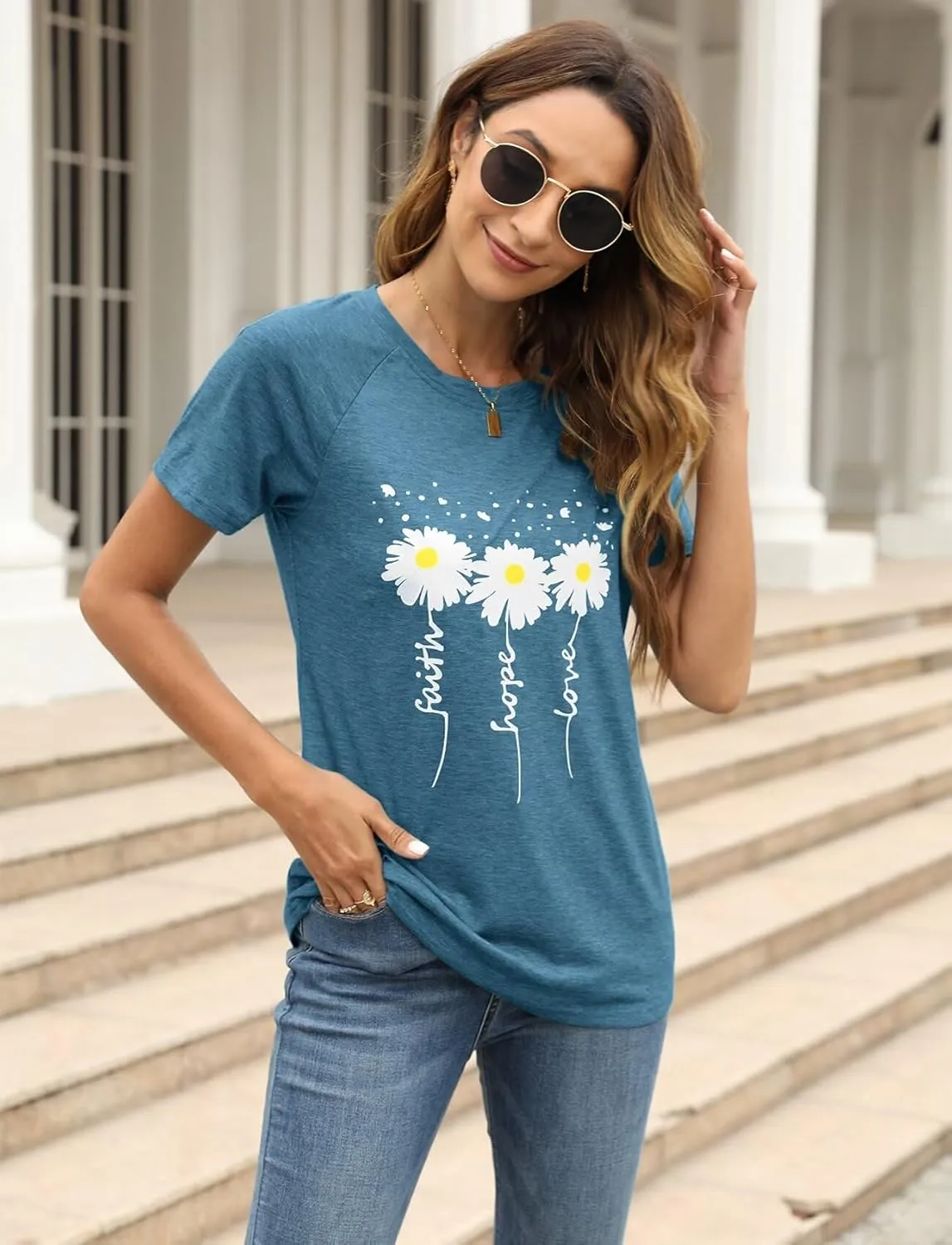 Women Crewneck Daisy Print Short Sleeve T-Shirts Summer Faith-Hope-Love Raglan Sleeve Tees Loose Fit Graphic Tops 2024