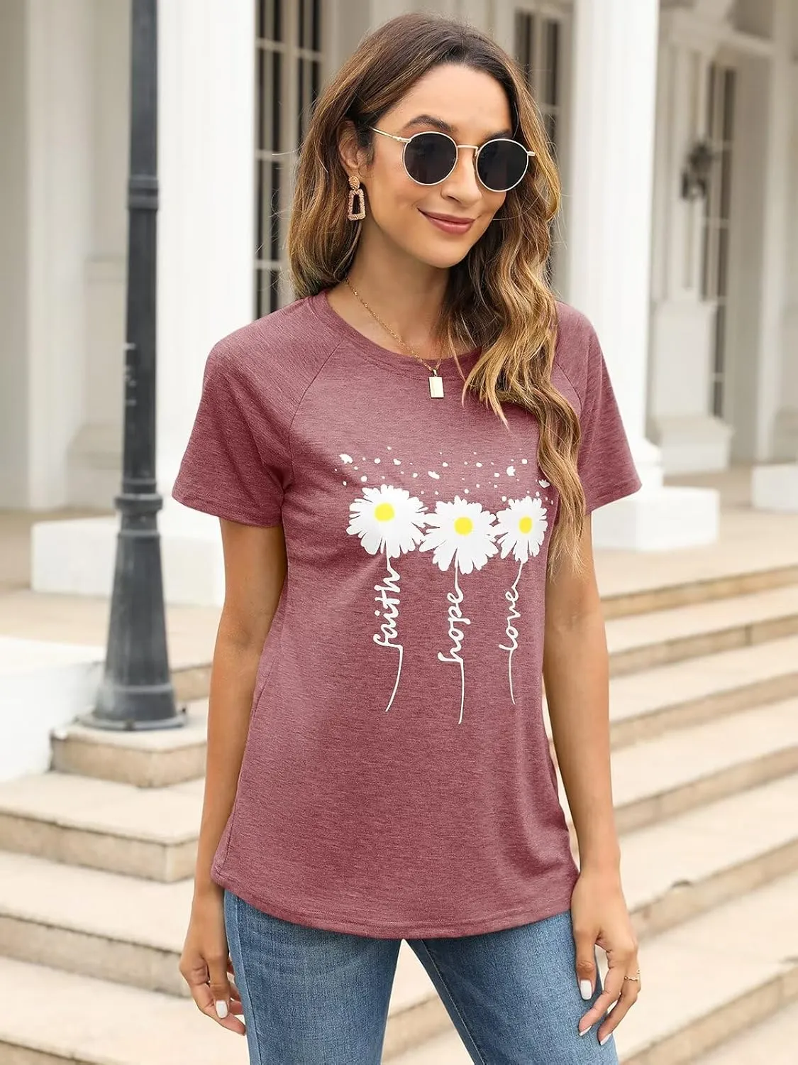 Women Crewneck Daisy Print Short Sleeve T-Shirts Summer Faith-Hope-Love Raglan Sleeve Tees Loose Fit Graphic Tops 2024