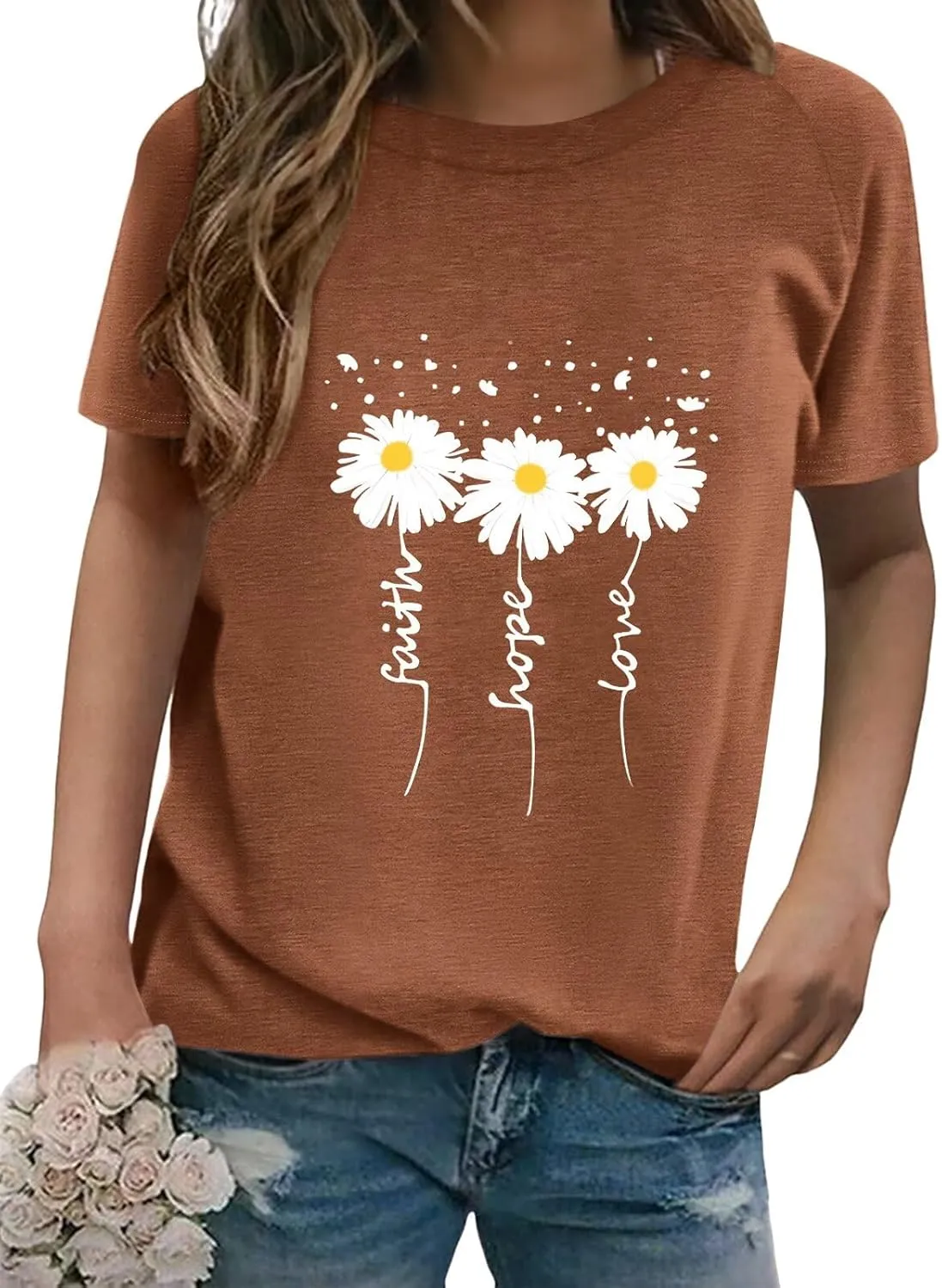 Women Crewneck Daisy Print Short Sleeve T-Shirts Summer Faith-Hope-Love Raglan Sleeve Tees Loose Fit Graphic Tops 2024