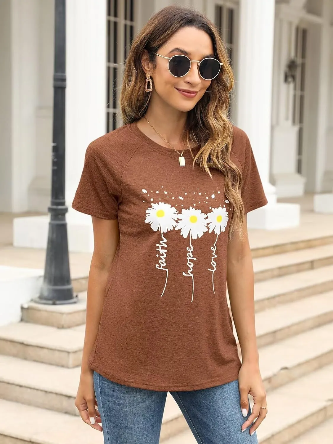 Women Crewneck Daisy Print Short Sleeve T-Shirts Summer Faith-Hope-Love Raglan Sleeve Tees Loose Fit Graphic Tops 2024