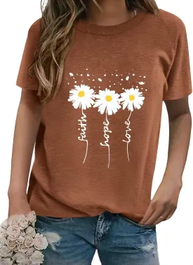 Women Crewneck Daisy Print Short Sleeve T-Shirts Summer Faith-Hope-Love Raglan Sleeve Tees Loose Fit Graphic Tops 2024