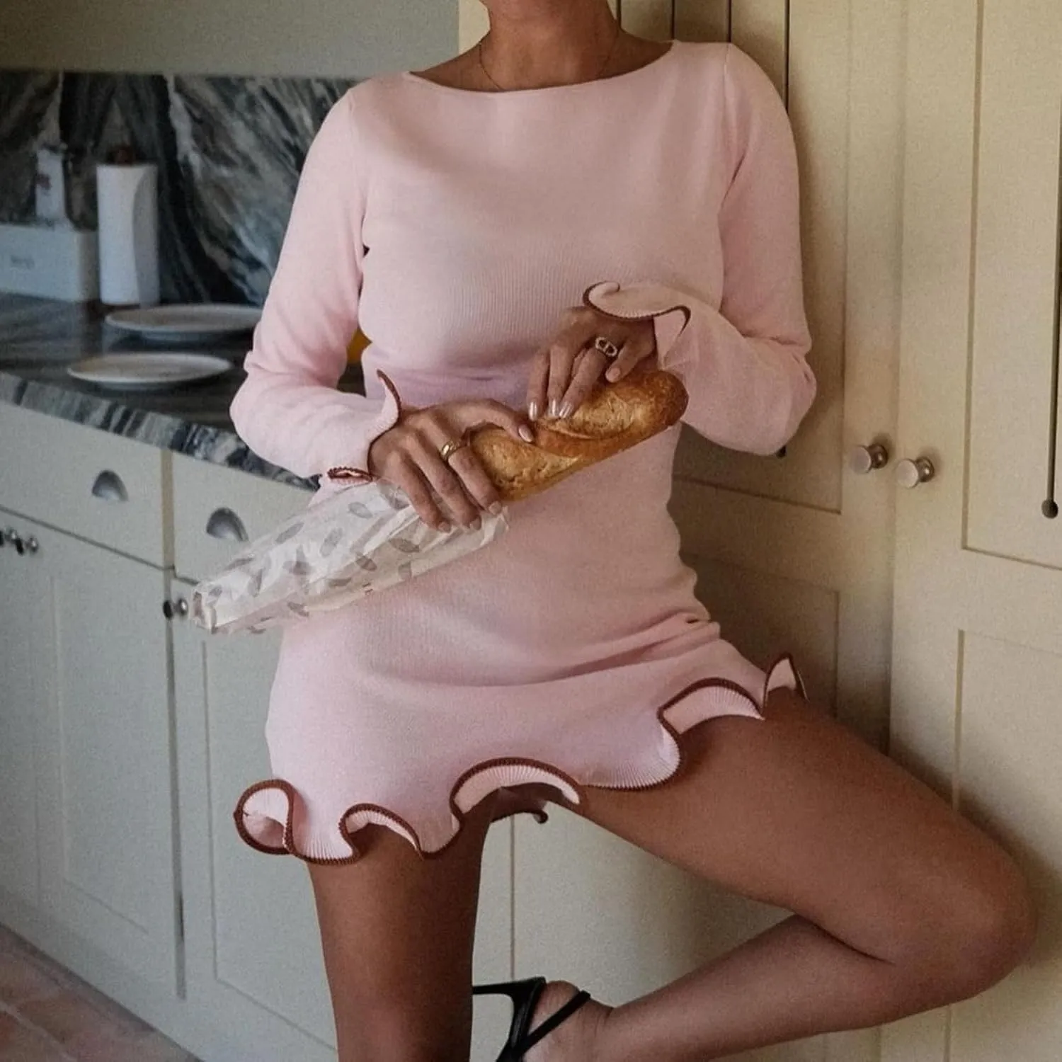 Women Elegant Ruffle Hem Knit Mini Dress Long Sleeve Contrast Color Patchwork Bodycon Short Sweater Dress Fall