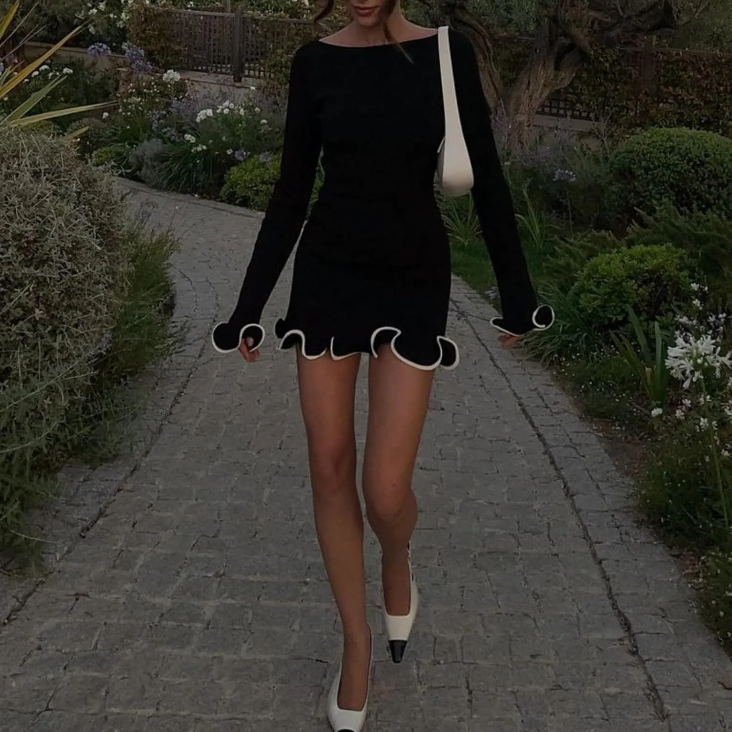Women Elegant Ruffle Hem Knit Mini Dress Long Sleeve Contrast Color Patchwork Bodycon Short Sweater Dress Fall