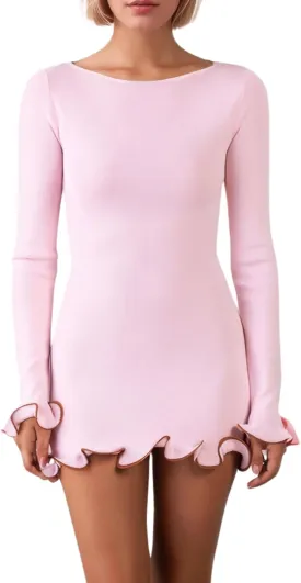 Women Elegant Ruffle Hem Knit Mini Dress Long Sleeve Contrast Color Patchwork Bodycon Short Sweater Dress Fall