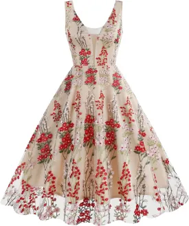Women Keyhole Floral Embroidery Dress Sheer Mesh Illusion Vintage Cocktail Swing Dress Wedding Party Prom Tulle Evening Dress