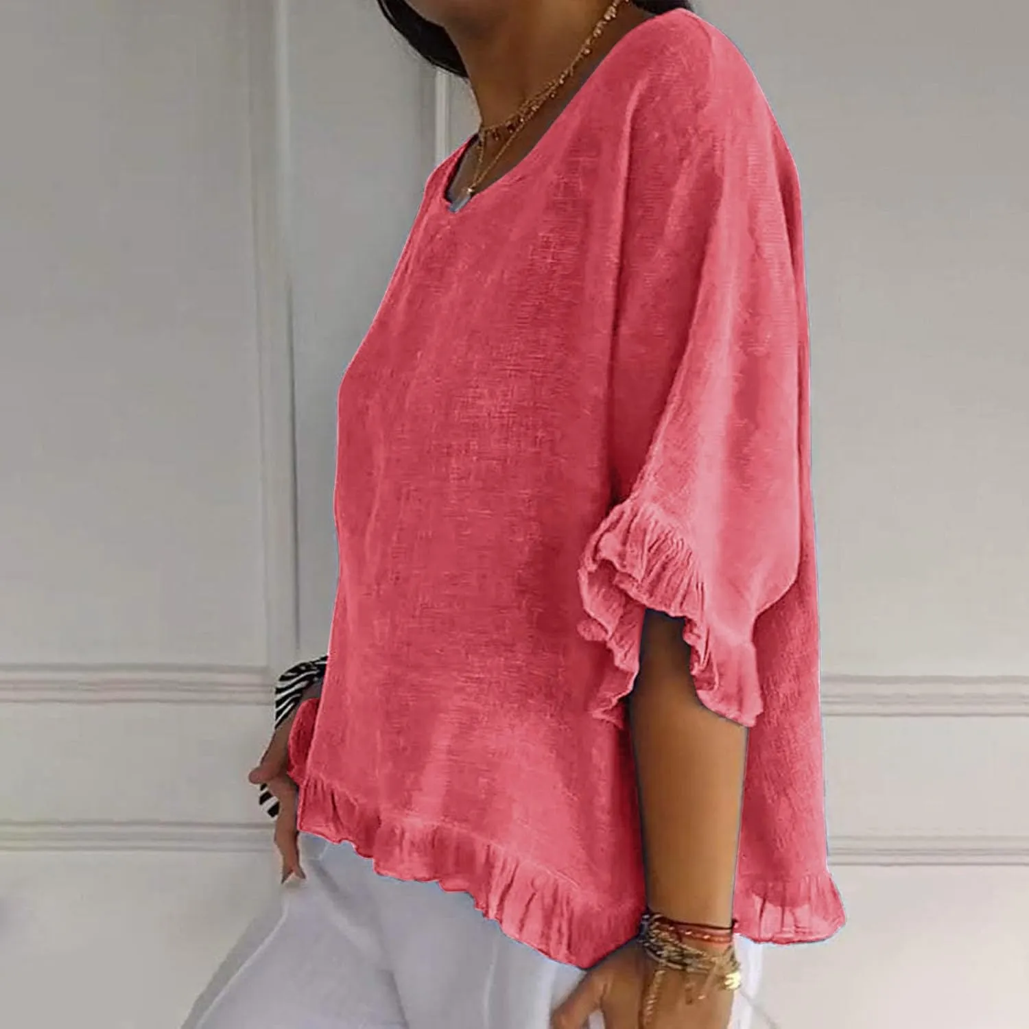 Women Round Neck Ruffled Hem Sleeve Shirts Cotton and Linen Top, Casual Short Sleeve Blouses Linen Tops for Women