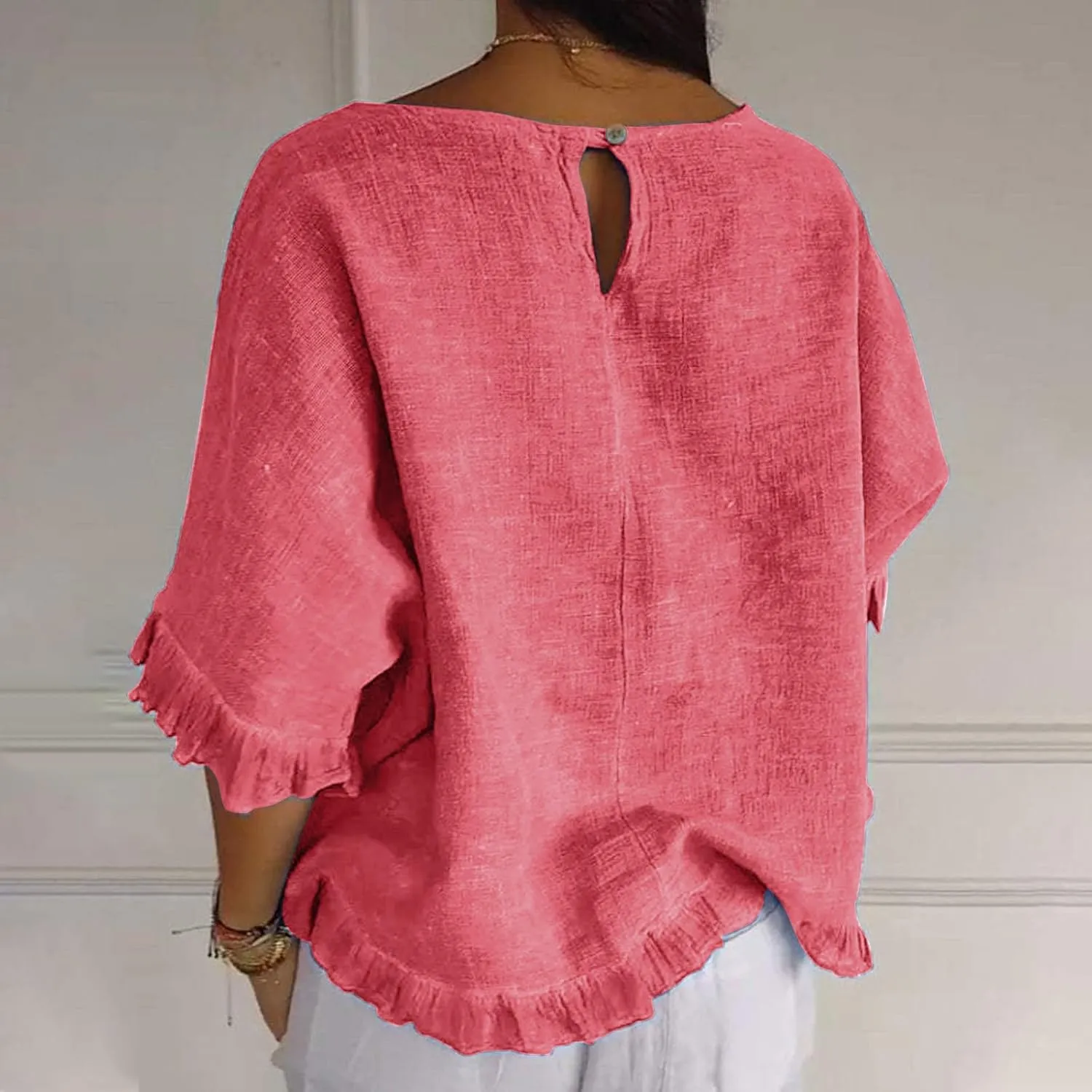 Women Round Neck Ruffled Hem Sleeve Shirts Cotton and Linen Top, Casual Short Sleeve Blouses Linen Tops for Women