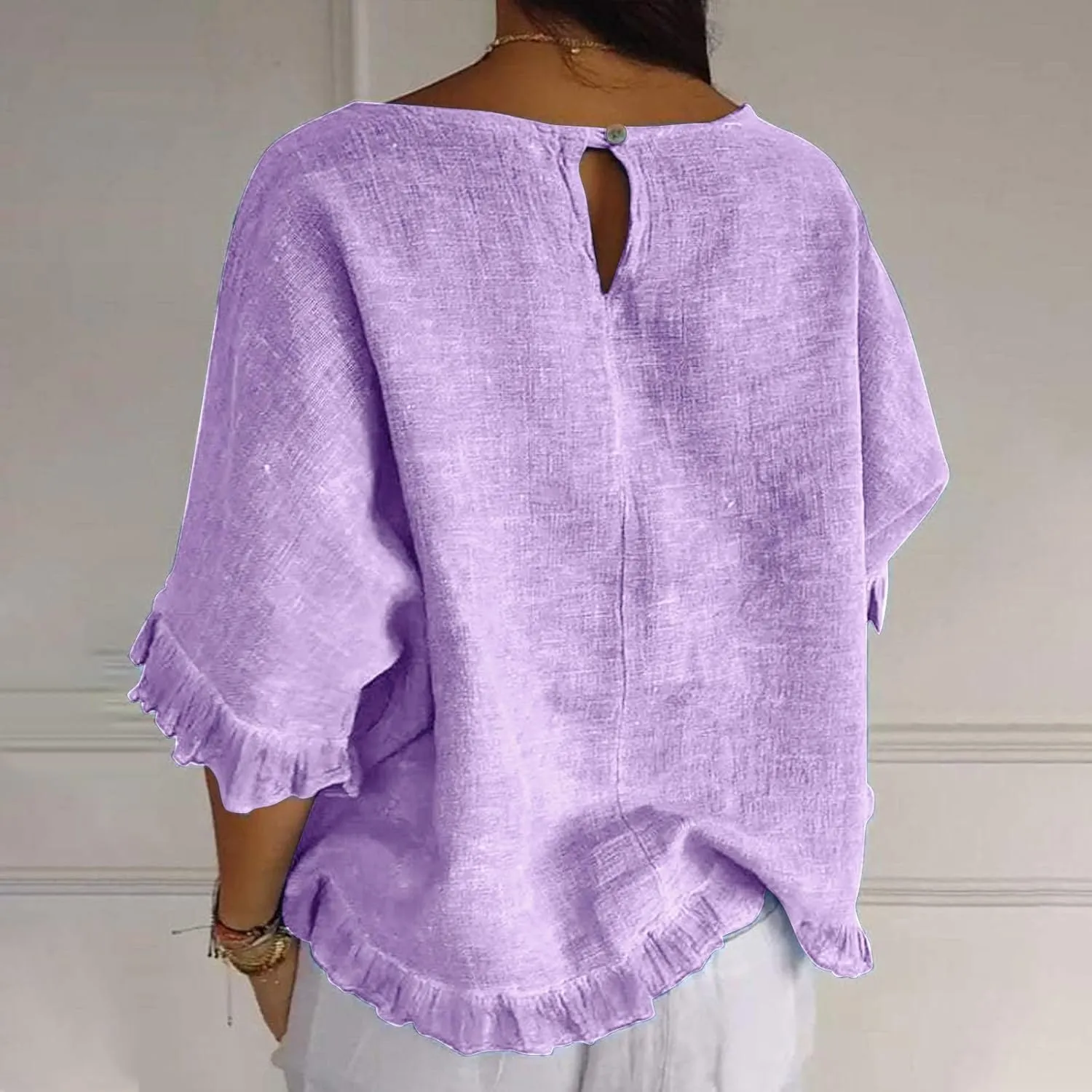 Women Round Neck Ruffled Hem Sleeve Shirts Cotton and Linen Top, Casual Short Sleeve Blouses Linen Tops for Women
