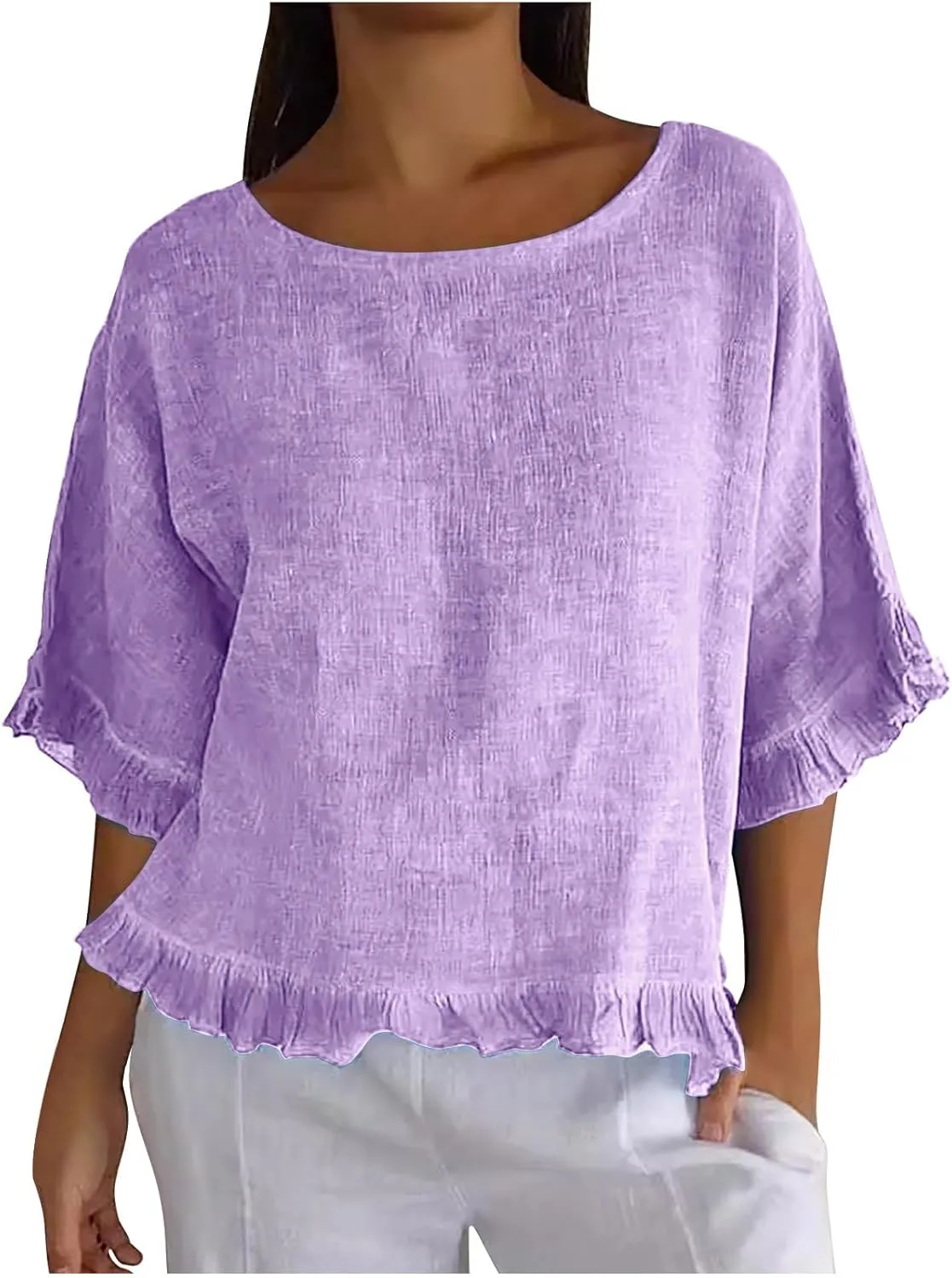 Women Round Neck Ruffled Hem Sleeve Shirts Cotton and Linen Top, Casual Short Sleeve Blouses Linen Tops for Women