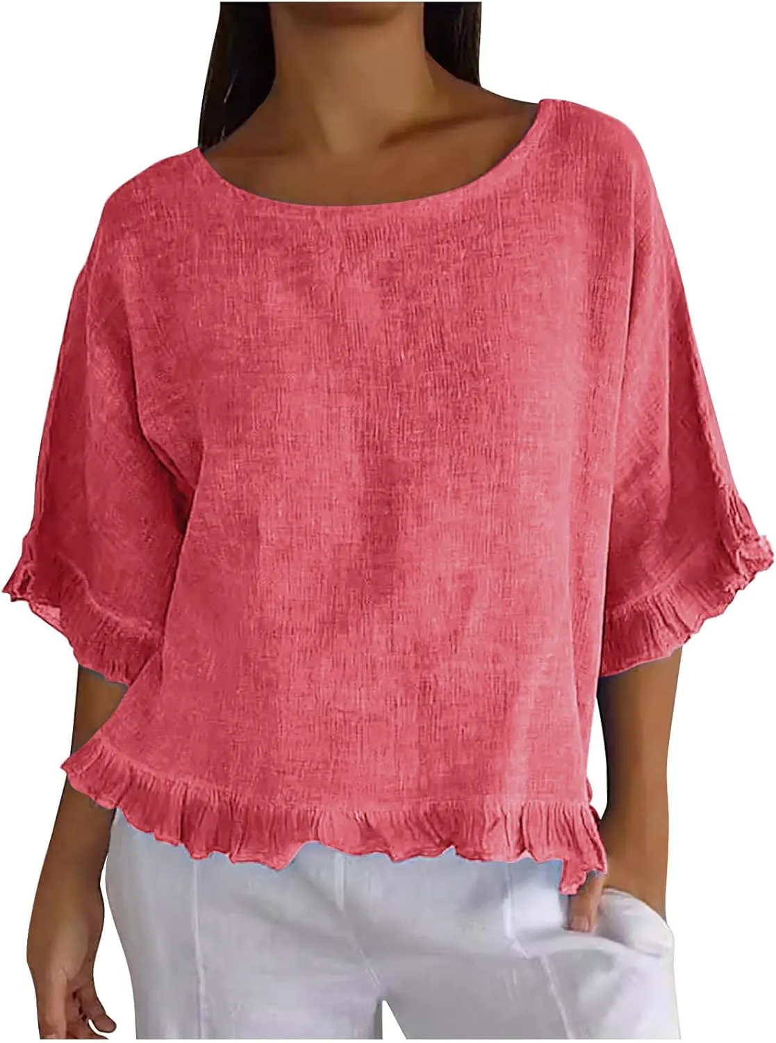 Women Round Neck Ruffled Hem Sleeve Shirts Cotton and Linen Top, Casual Short Sleeve Blouses Linen Tops for Women