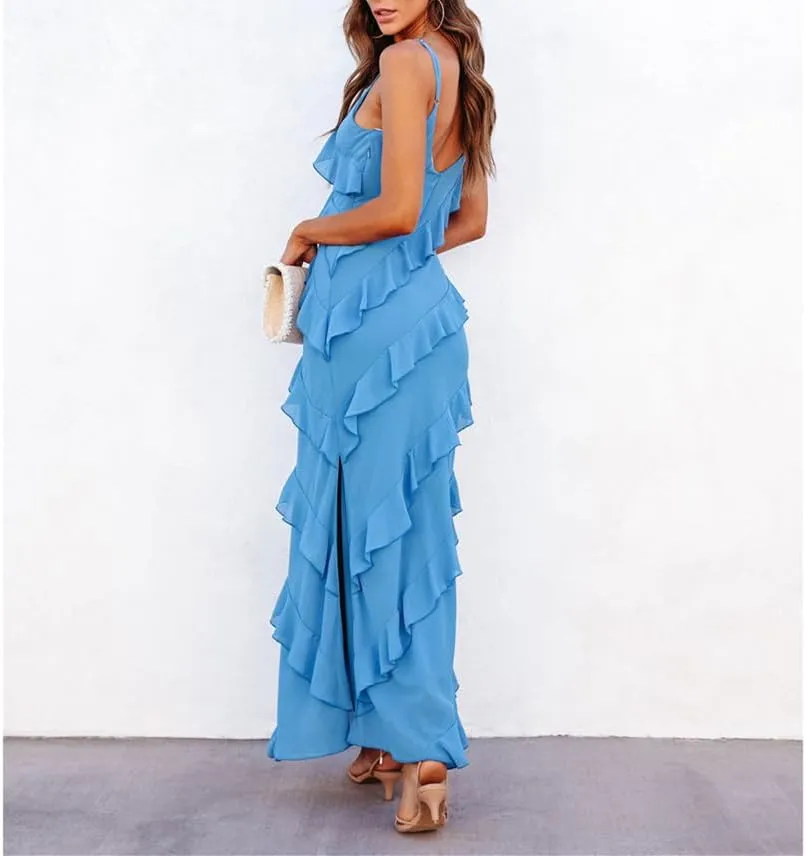 Women Summer Elegant Sling Midi Ruched Bodycon Dress Solid Color Backless Slim Party Cocktail Dresses