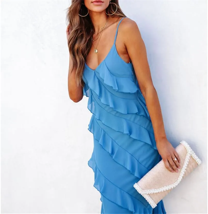 Women Summer Elegant Sling Midi Ruched Bodycon Dress Solid Color Backless Slim Party Cocktail Dresses