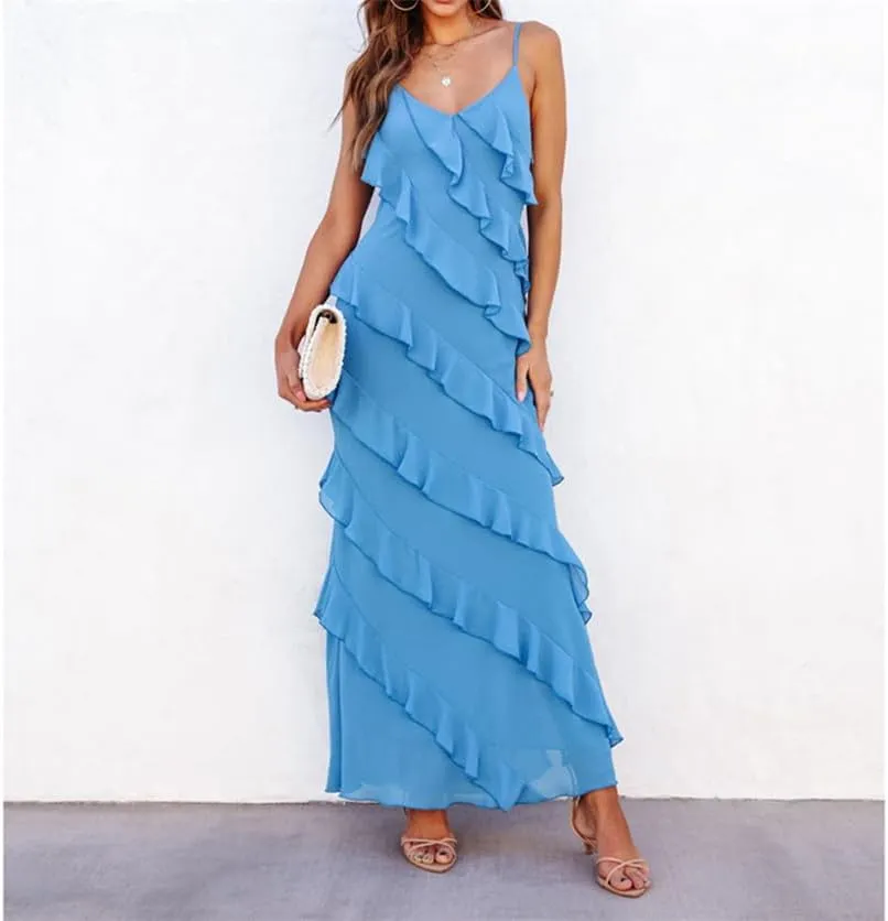 Women Summer Elegant Sling Midi Ruched Bodycon Dress Solid Color Backless Slim Party Cocktail Dresses