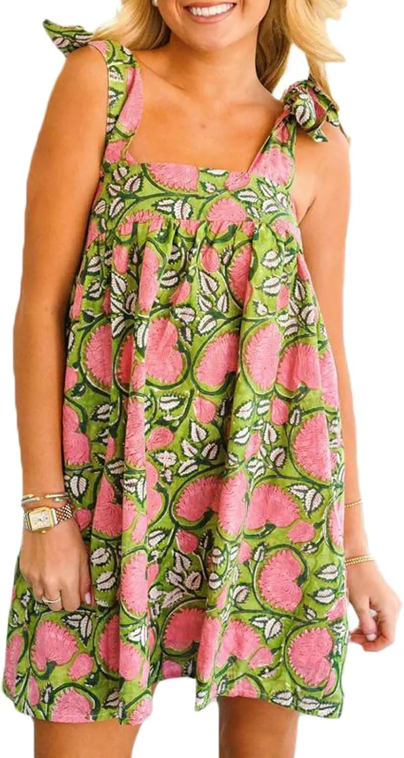 Women Tie Shoulder Mini Dress Floral Ruffle Babydoll Dress Boho Square Neck Sundress Cute Summer Dresses
