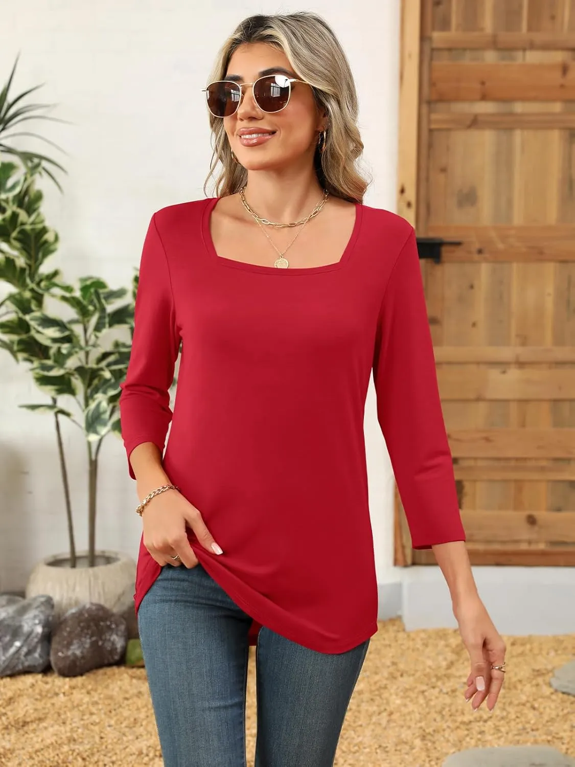 Womens 3/4 Sleeve Square Neck Tops Casual Summer Tops Trendy Womens T Shirts Ladies Tops