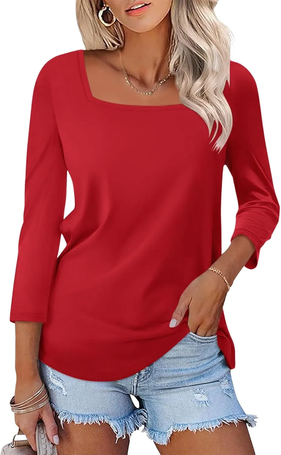 Womens 3/4 Sleeve Square Neck Tops Casual Summer Tops Trendy Womens T Shirts Ladies Tops
