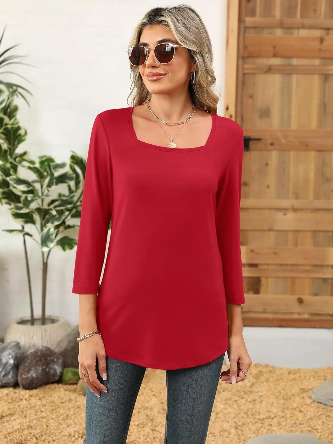 Womens 3/4 Sleeve Square Neck Tops Casual Summer Tops Trendy Womens T Shirts Ladies Tops