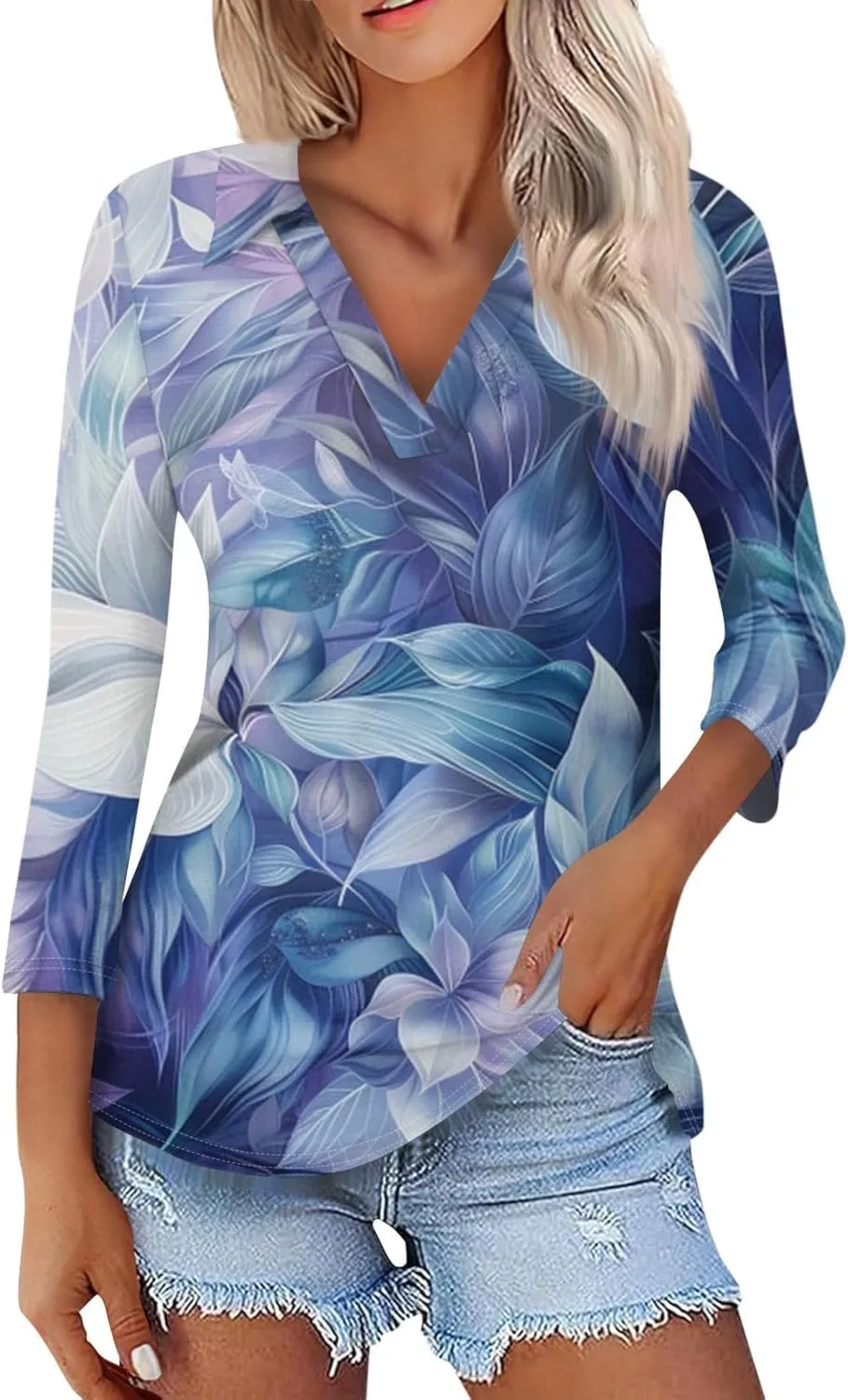 Women's 3/4 Sleeve Tops Polo Shirts V Neck Collared Tshirt Cute Printed Tee Blouse Casual Three Quarter Sleeve Tops