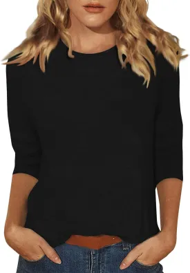 Womens Casual 3/4 Sleeve T-Shirts Round Neck Cute Print Tops Trendy Loose Fit Three Quarter Length Blouses