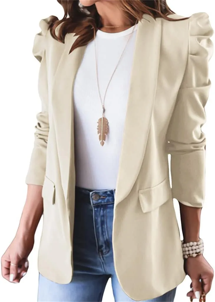 Women's Casual Blazers Puff Sleeve Long Sleeve Lapel Open Front Jackets Work Office Suit Coat with Pockets Cozy Trendy