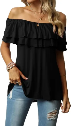 Women's Casual Off Shoulder Ruffle Tops Short Sleeve T Shirts Loose Summer Blouses Shirt