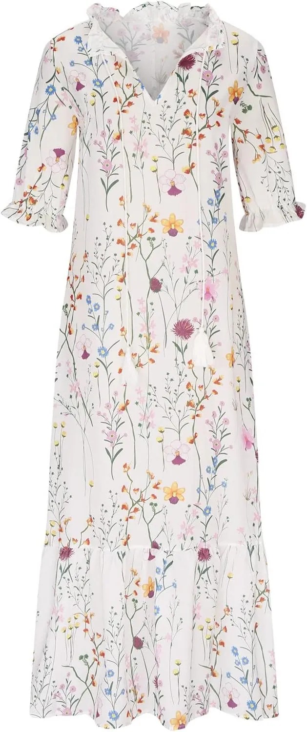 Womens Casual Spring Summer Shirt Dress V-Neck Short Sleeve Boho Printed Dress Flowy Cinched Waist Elegant Long Dress