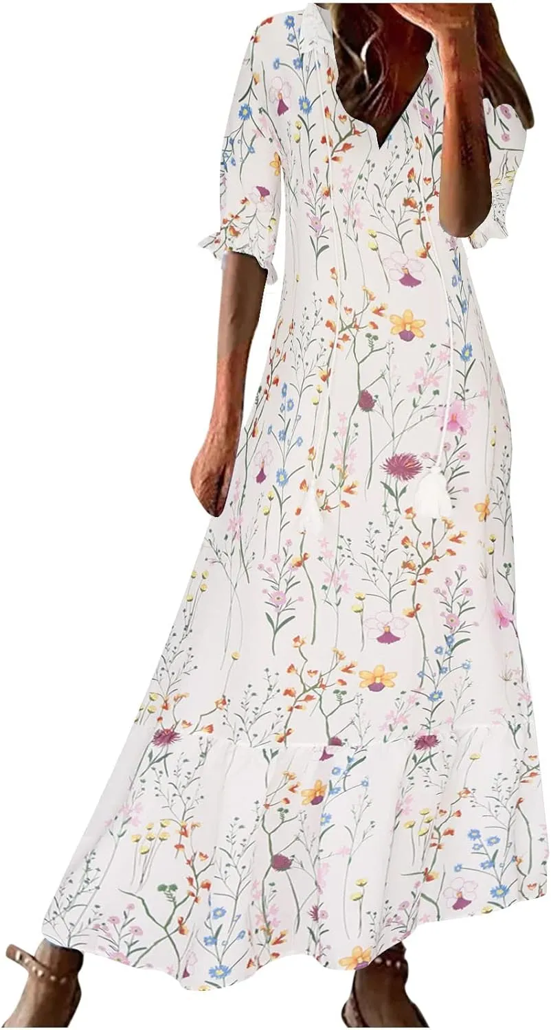 Womens Casual Spring Summer Shirt Dress V-Neck Short Sleeve Boho Printed Dress Flowy Cinched Waist Elegant Long Dress