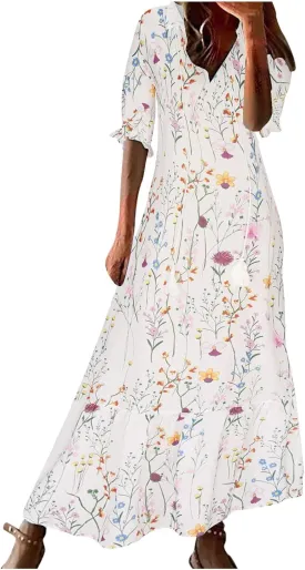 Womens Casual Spring Summer Shirt Dress V-Neck Short Sleeve Boho Printed Dress Flowy Cinched Waist Elegant Long Dress